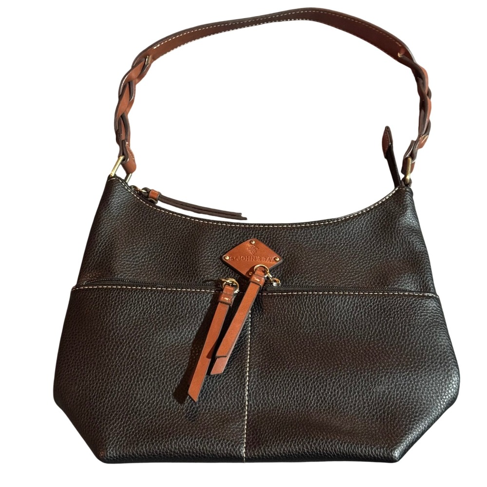 St John's Bay Black Hobo Shoulder Bag Brown Braided Strap Multi Pocket